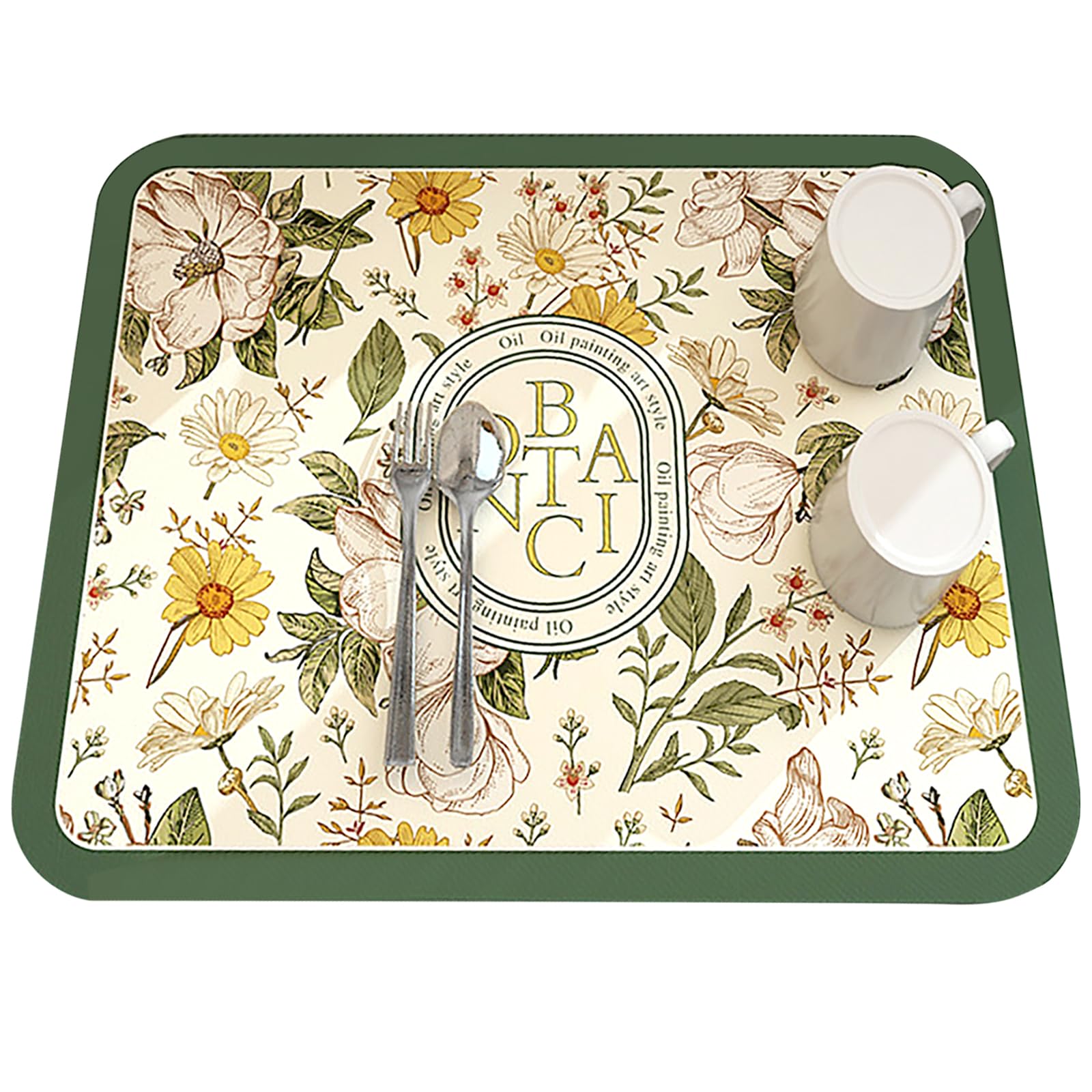 Absorbent Anti-Slip Dish Drainer Mat-Vintage Floral Plates, Kitchen Super Absorbent, Folding Dish Drying Mat (30x40cm)