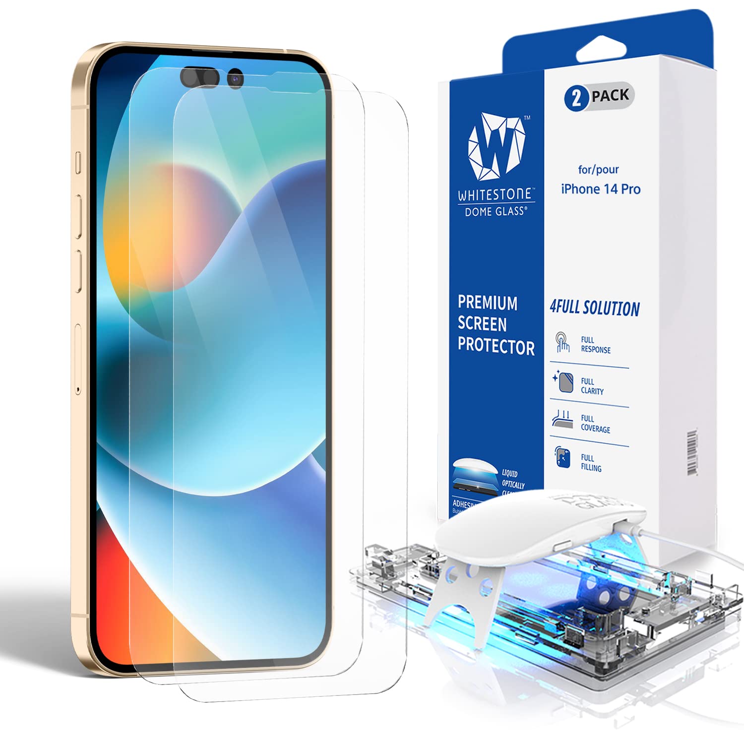 DOME GLASS Whitestone [Perfect Full Coverage] Tempered Glass Screen Protector for iPhone 14 Pro with UV lamp [2Pack]