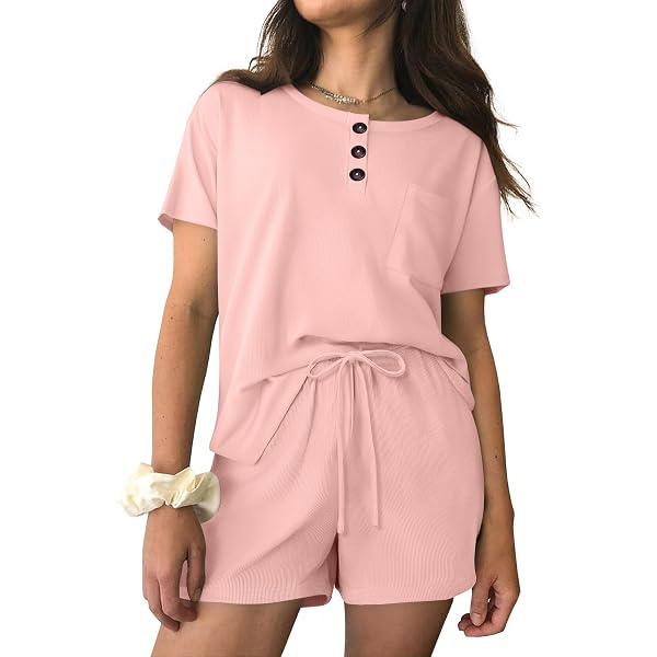 ROJZR Women's 2-Piece Linen Lounge Set - Button Down Shirt & Elastic Waist Shorts Pajama Outfit