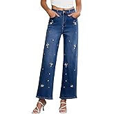 Sidefeel Women's Straight Leg Embroidered Jeans High Waisted Stretchy Wide Leg Denim Pants