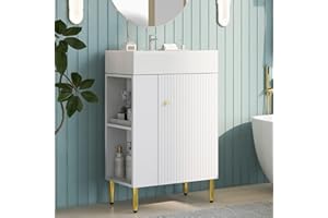 SPOWAY 21.6" Bathroom Vanity with Sink, Bathroom Vanity Cabinet with Right Side Open Storage Shelves and Ceramic Sink, Freestanding Single Bathroom Vanities with Sink Combo for Small Spaces, White