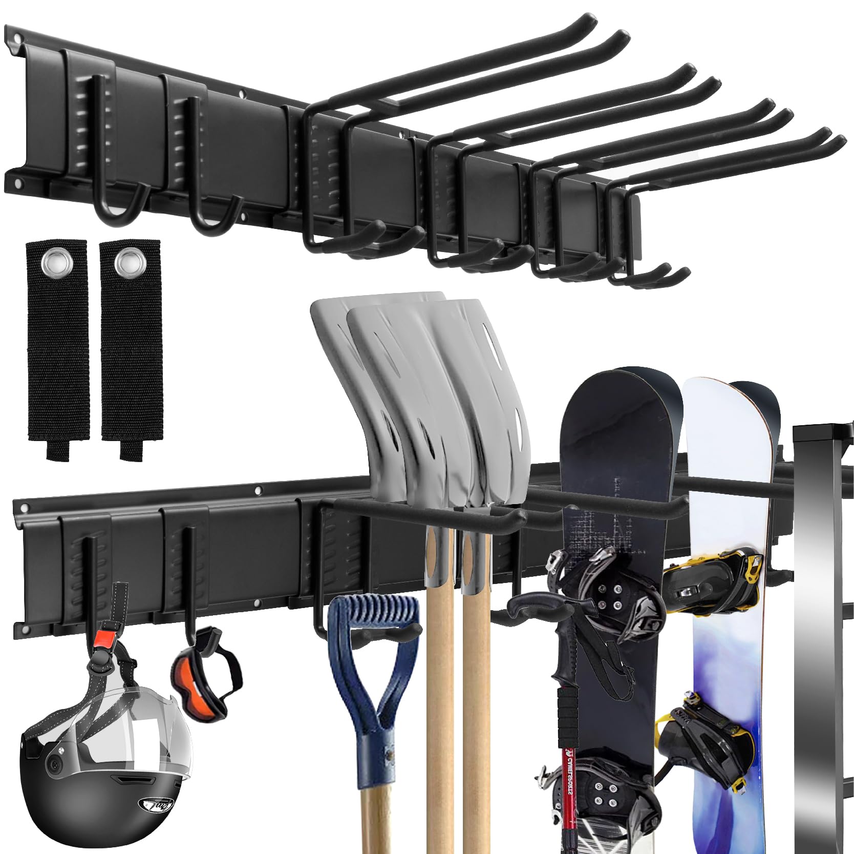 Sinoer Garage Garden Tool Organizer Wall Mount, Tool Storage Rack with 6 Adjustable Metal hooks with 2 Straps, for ski equipment hangers,chairs, brooms,rakes,shovel,yard tools rack