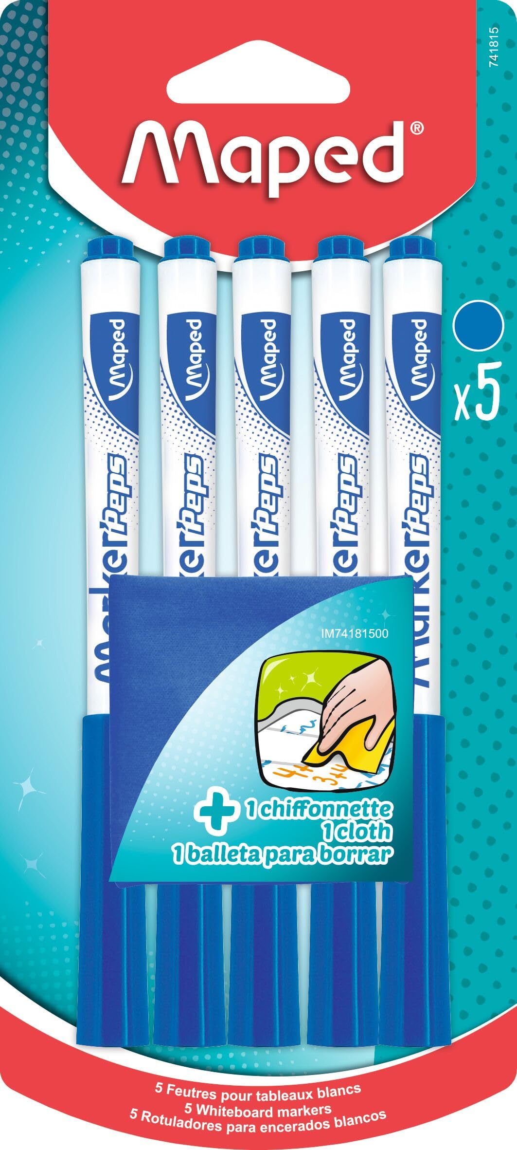 Maped 741815 Marker Pens Dry Erase Marker Pen Blue + 1 Cleaning Cloth for Slate and Whiteboard Medium Point 1.5 mm