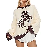 SHBECYDE Crew Neck Oversized Sweater for Women Y2k Long Sleeve Sweaters Horse Graphic Knit Pullover Trendy Fall Sweater 2026 Beige