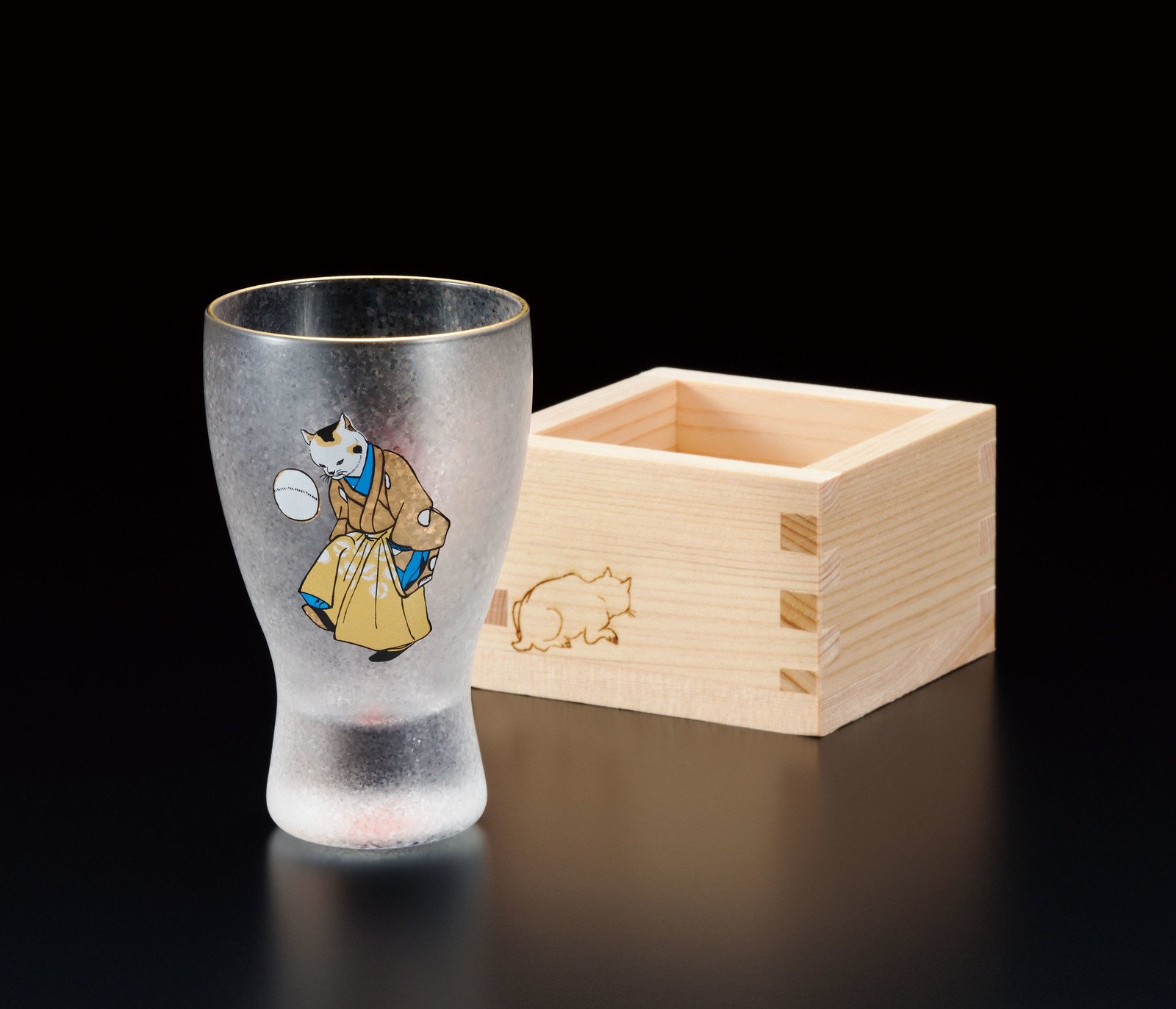 Aderia Japan Edo Neko Temari Football Cat MasuZake Glass (Japanese Sake Glass) w/Masu Box Cute Cats 6616