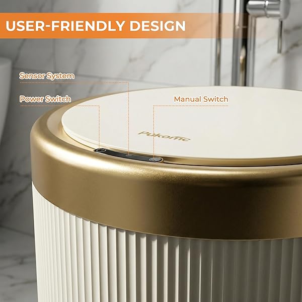 PUKOMC BATHROOM TRASH CAN WITH LID,3.5 GALLON MOTION SENSOR WATERPROOF TOUCHLESS GARBAGE CAN, SMART PLASTIC TRASH BINS SUITABLE FOR KITCHEN, BATHROOM, BEDROOM, LIVING ROOM, OFFICE BEIGE