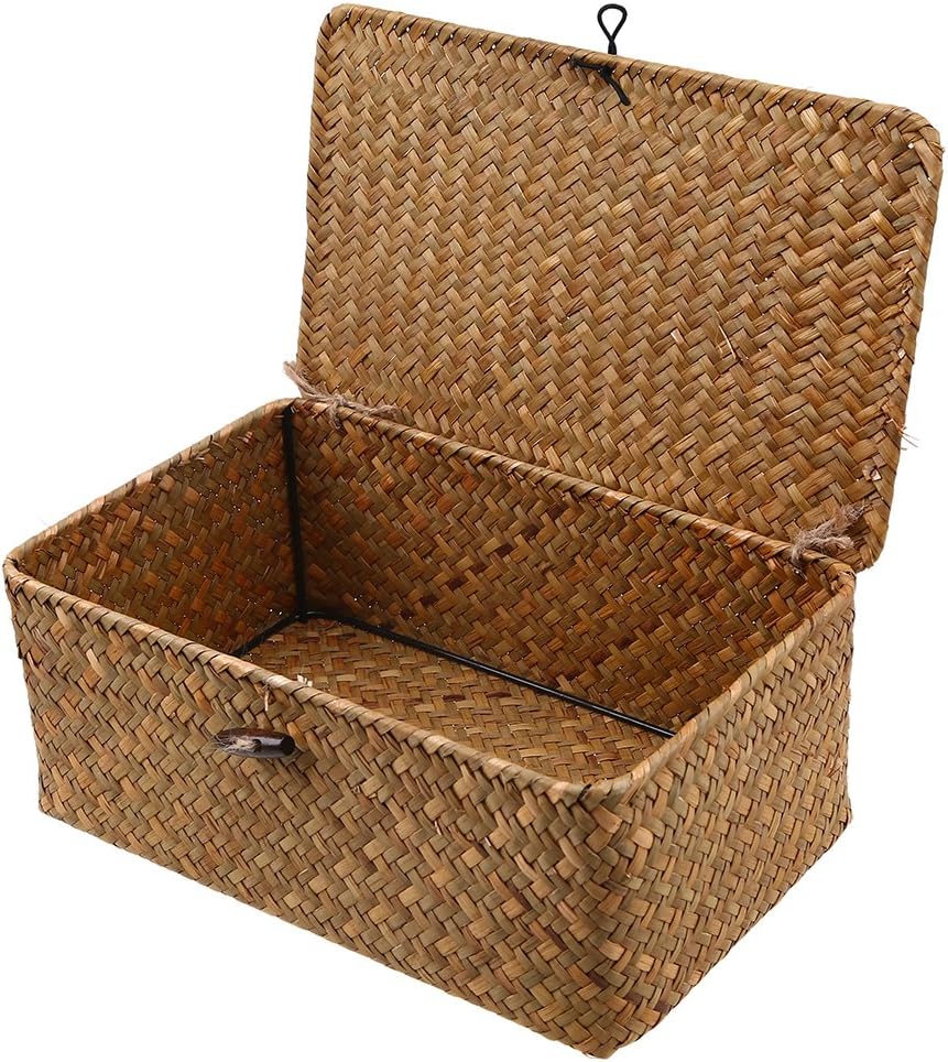 WCIC Storage Basket, Seagrass Weaving Case Storage Container Bin Organization Box with Cover for Clothes Laundry Toys Cosmetics CD DVDs Books Large Size 29cmX19cmX12cm