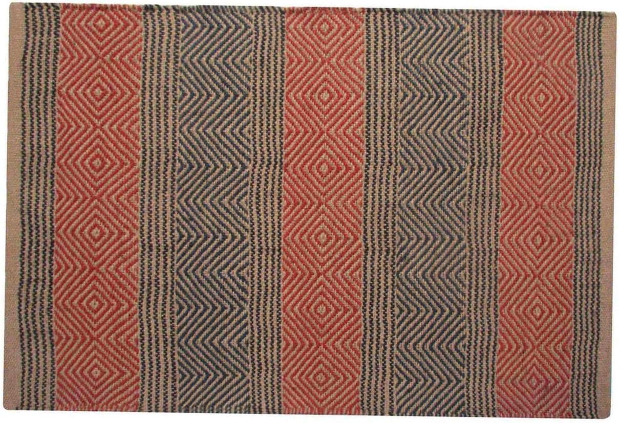 HOMESCAPES Modern Jute Floor Runner Rug Red and Blue Geometric Kilim Design 66 x 200 cm Heavy Duty Suitable for Halls Living Rooms or Conservatories