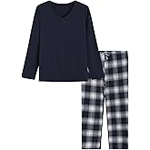 Latuza Women's Petite Pajama Set Petite Length V Neck Knit Top Flannel Pants