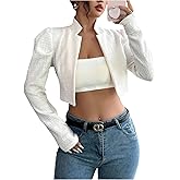 Floerns Women's Elegant Long Sleeve Cropped Blazer Open Front Textured Knit Business Casual Suit Jacket