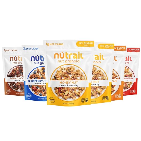 NUTRAIL NUT GRANOLA, VARIETY PACK, NO SUGAR ADDED, GLUTEN FREE, GRAIN FREE, KETO, LOW CARB, HEALTHY BREAKFAST CEREAL 8 OZ. 6 COUNT