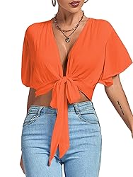 LYANER Women's Deep V Neck Tie Front Knot Wrap