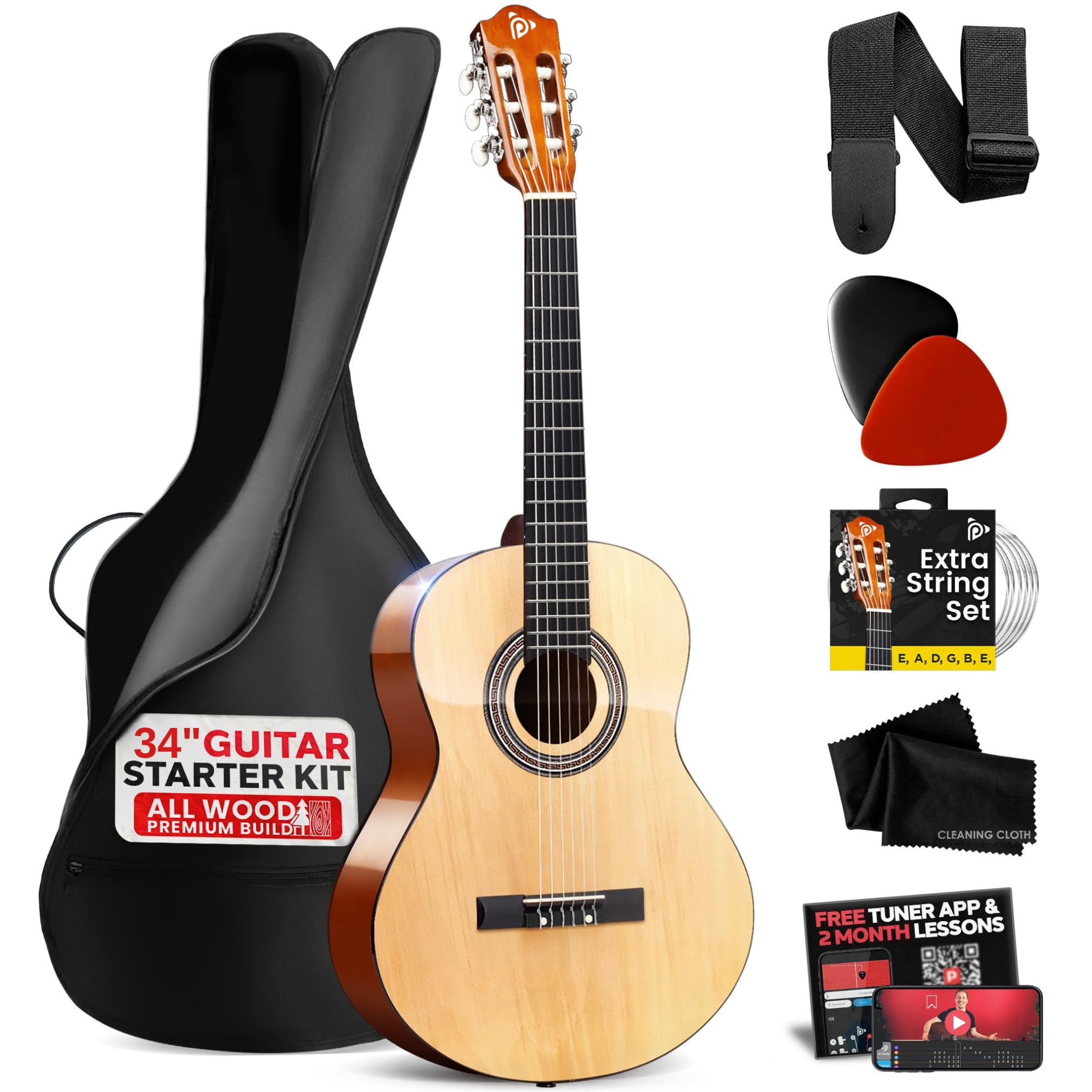 Photo 1 of **MINOR SCRATCHES**Pyle Beginner Acoustic Guitar Kit, 1/2 Junior Size All Wood Instrument with Full Accessory Kit, Picks, Shoulder Strap, Carry Case, Cleaning Cloth, Tuner App, 2 Month Lessons, 34” (Natural Gloss)