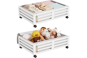 WISUCE Bamboo Under Bed Storage Containers- Underbed Organizer with Wheels with Large Dust Bag,Sturdy Wood Rolling Under the Bed Shoe Storage Organizer Drawer 2 Packs (White, Small)