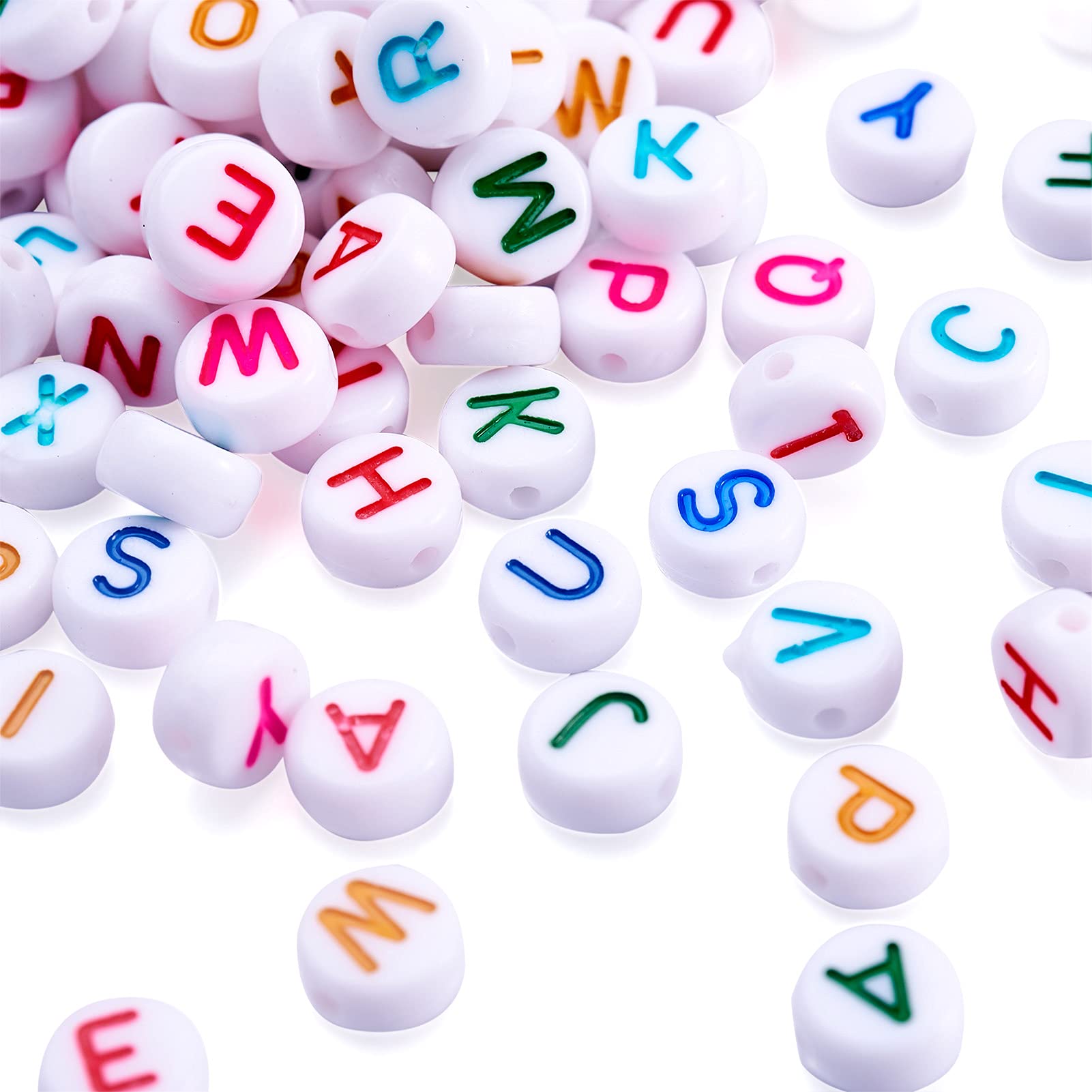 Beadthoven 50g/340pcs Mixed Colors Flat Round Acrylic Alphabet Beads 7x4mm Round Letter Loose Spacer Beads Mini Initials Pony Beads for Jewelry Making DIY Projects Friendship Name Bracelets