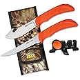 OUTDOOR EDGE WildBone, 4-Piece Hunting Knife Set, Field Dressing & Game Processing Knives - Gut-Hook Skinning & Boning/Fillet Knife, Carbine/Ceramic Sharpener, Camo Belt Scabbard - Deer & Elk