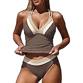 ZAFUL Tankini Swimsuits for Women Tummy Control Halter Neck Mid Waist Ruched Color Block Two Piece Bathing Suits Swimwear(1-Coffee, S)