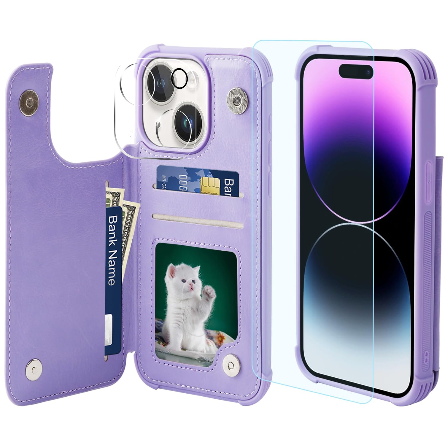 VANAVAGY Wallet Case Compatible for iPhone 15,Leather Flip Folio Shockproof Phone Cover Fit Magnetic Car Mount [Screen Protector Included] with Credit Card Holder for Apple 15, Clove Purple