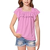 BesserBay Girls Summer Short Ruffle Sleeve Square Neck Casual Ribbed Top Loose Cute Tee Solid Trendy Blouse 5-14 Years