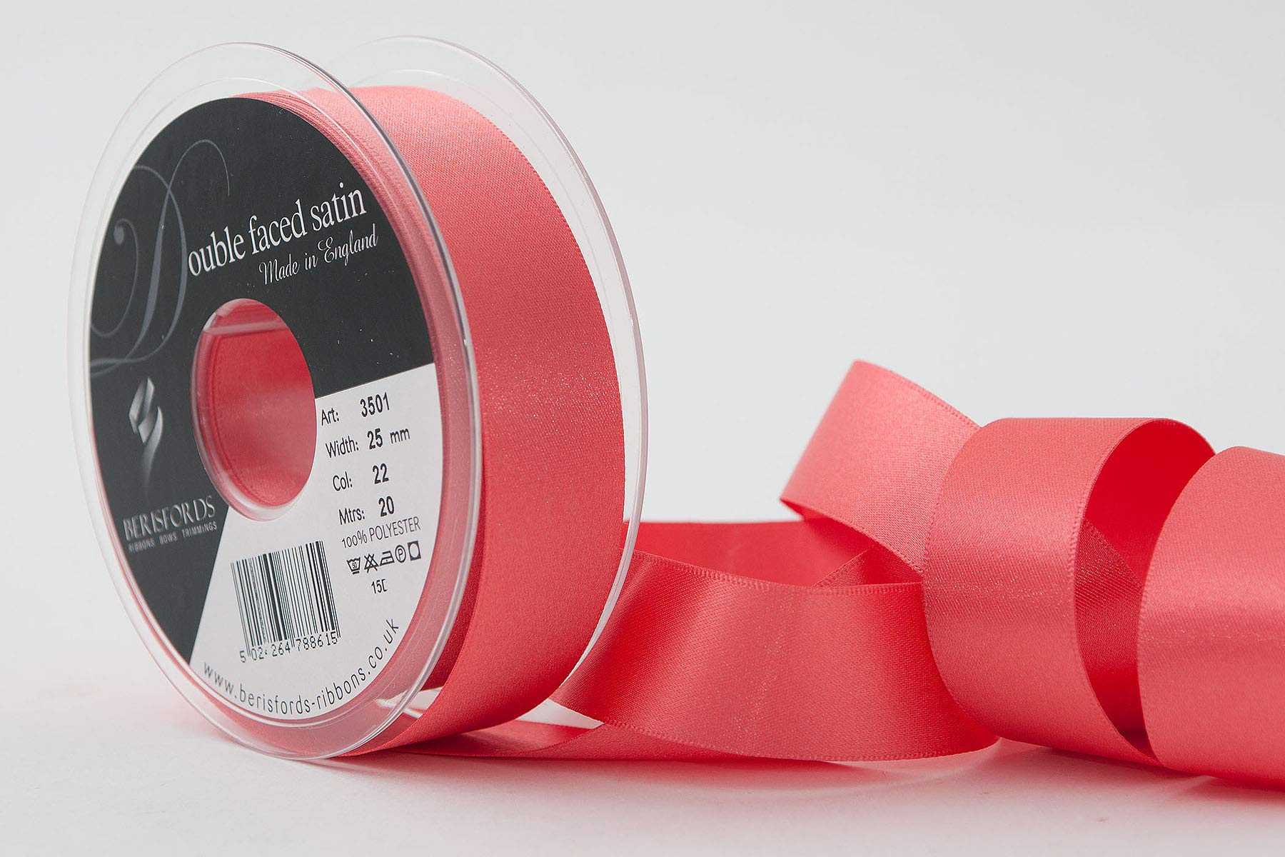Berisfords Satin Ribbon, Coral, 25 mm (Packaging may vary) — image 1