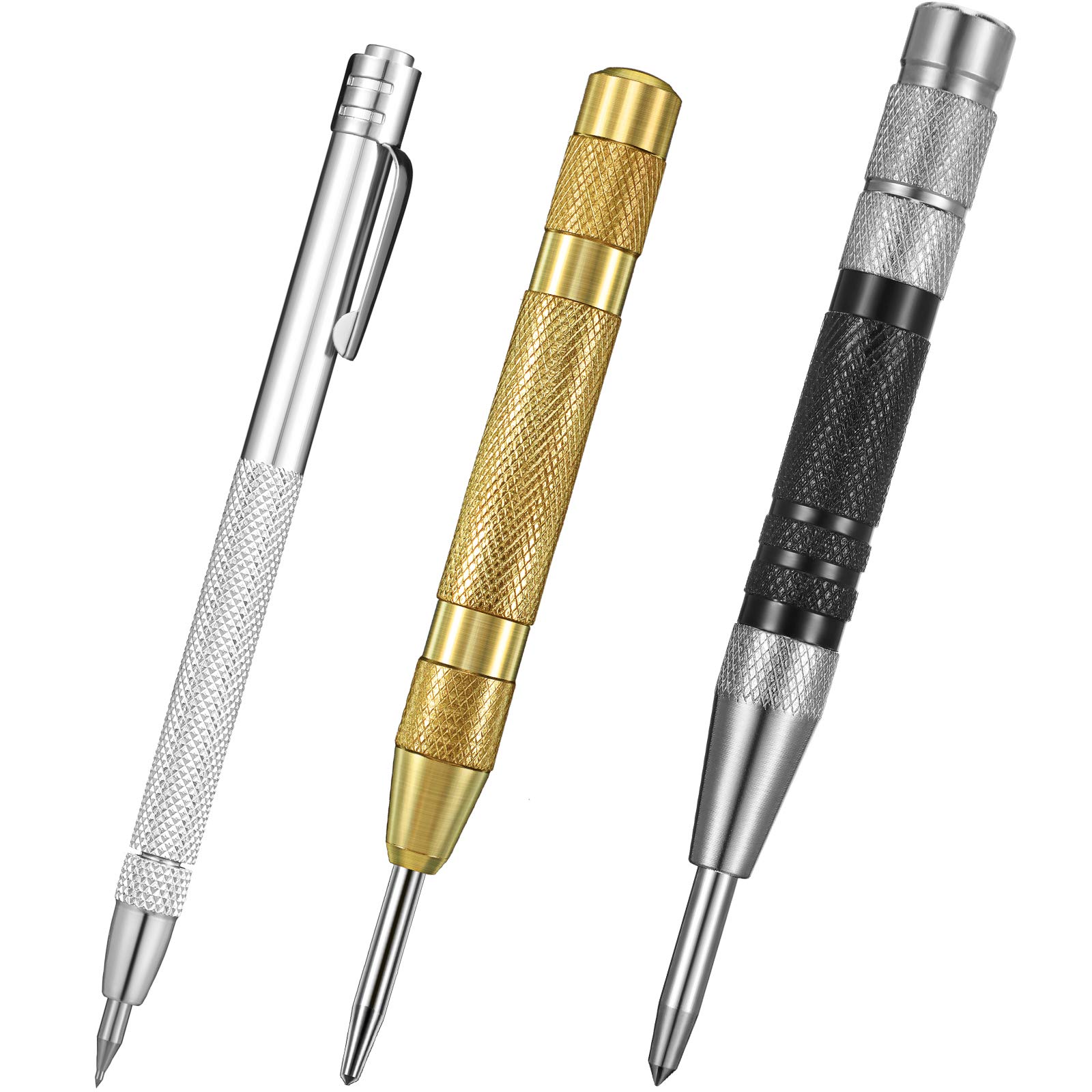 Honoson 3 Pieces Tungsten Carbide Tip Scriber with Magnet Aluminium Etching Engraving Pen with Clip and Automatic Spring Loaded Center Punch for Glass Jade Ceramics Metal Sheet