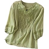 Embroidered Linen Shirts for Women Cotton Gauze Shirt Summer Boho Retro 3/4 Sleeve Dressy Casual Peasant Blouses