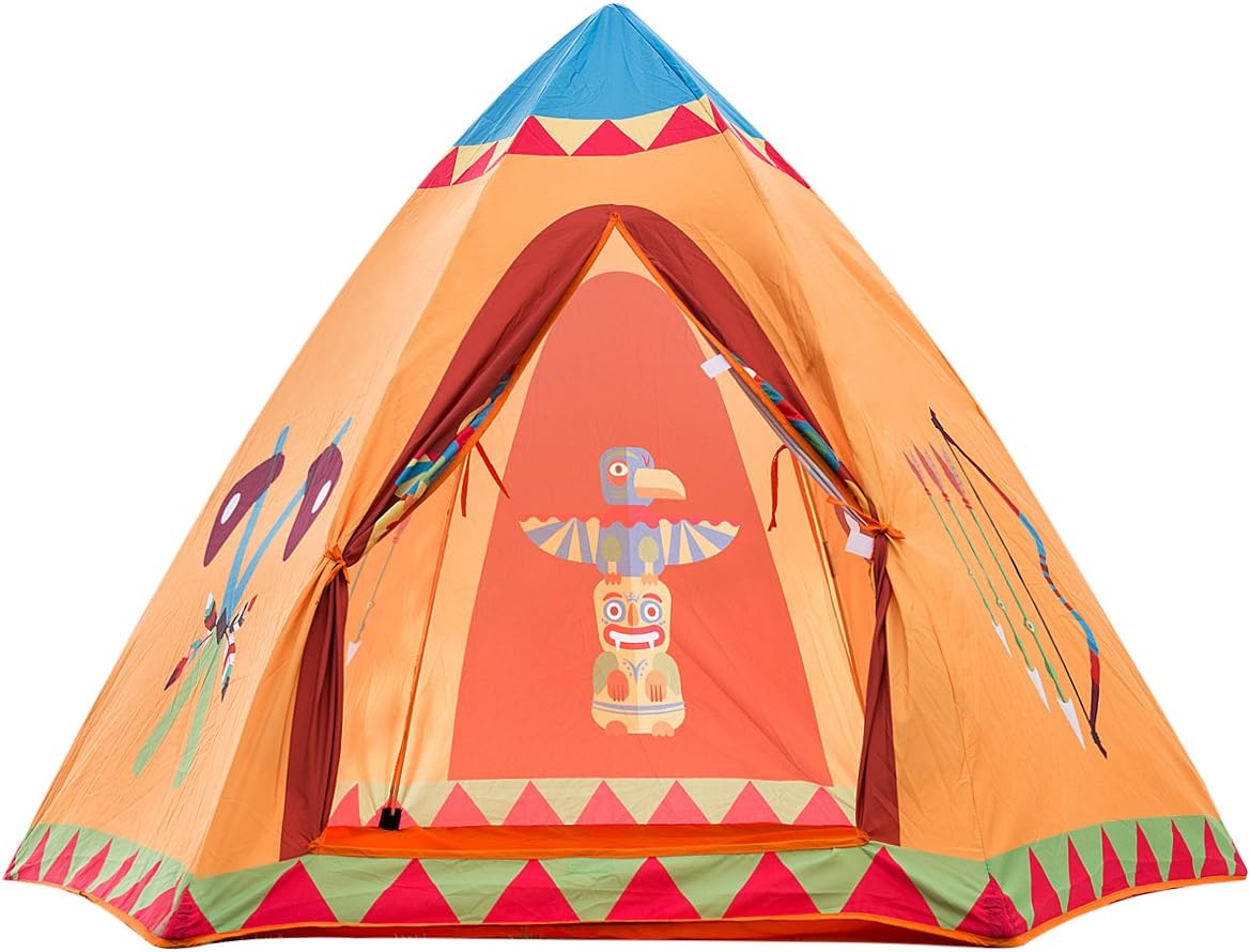 XYTENT Kids Play Tent with Indian Totem, Easy to Set Up, Peach-Skin Fabric Indian Teepee Hexagon Play House Toy for Indoor & Outdoor Use 61inch(D) x 48inch(H)