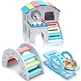 3 Pieces Fun Hamster Toys Guinea Pig Hideout Include PVC Hamster House, Rainbow Bridge, Seesaw Toy DIY Exercise Play Toys for Rats Mouse Small Animals(Small,Rainbow Color)