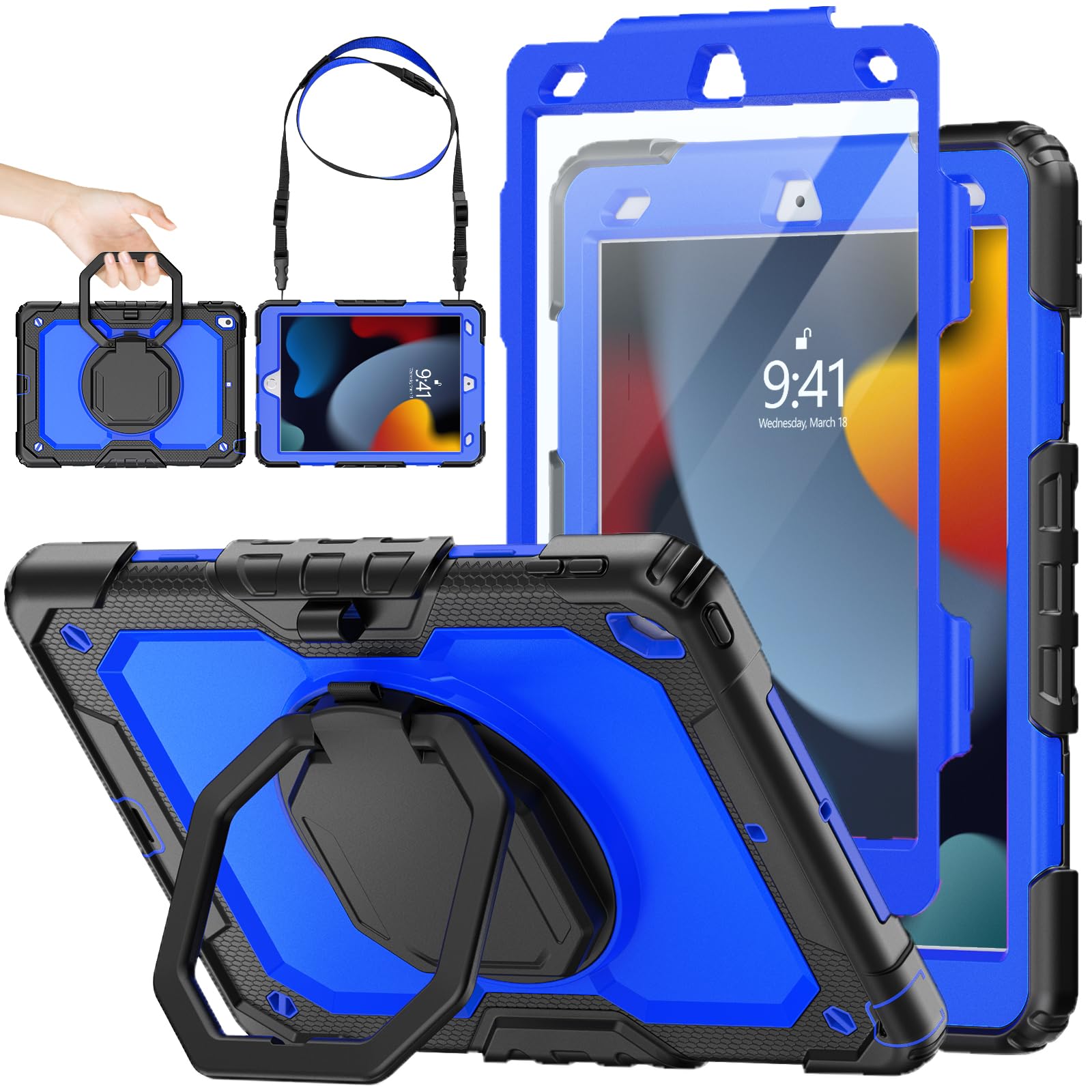 SEYMAC stock Case for iPad 9th/8th/7th Generation 10.2'' with Screen Protector, 360° Rotating Stand, Pencil Holder & Shoulder Strap, Heavy Duty Shockproof Case for iPad 10.2 Inch 2021/2020/2019, Blue