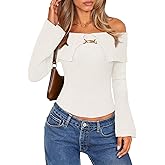MEROKEETY Women's Off Shoulder Sweater 2025 Fall Cute Bell Long Sleeve Ribbed Knit Winter Pullover Knit Outfits