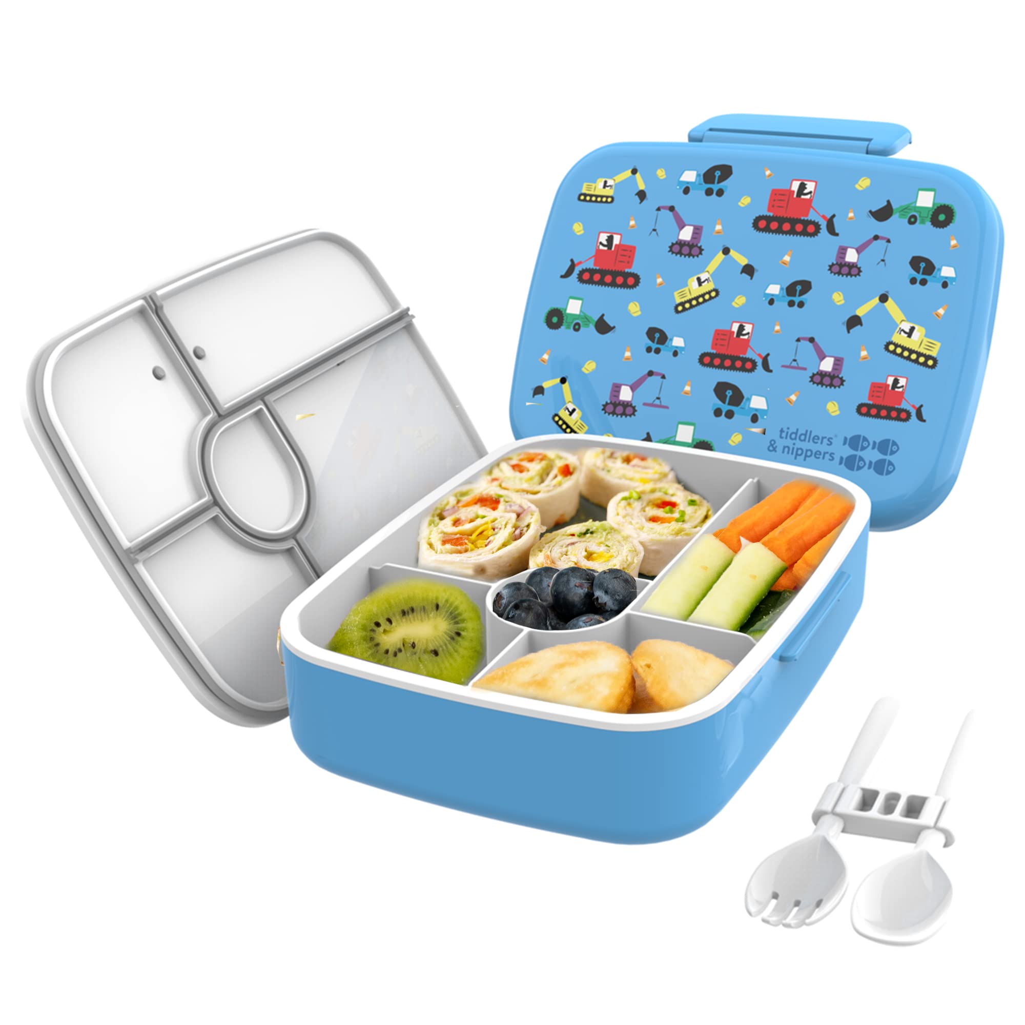 5 Compartment Lunch/Bento Box for Kids & Adults! | Includes Reusable Cutlery - Fork & Spoon | Leak-Proof & BPA-Free | Microwave, Freezer & Dishwasher Safe (Diggers & Lorries) — image 1