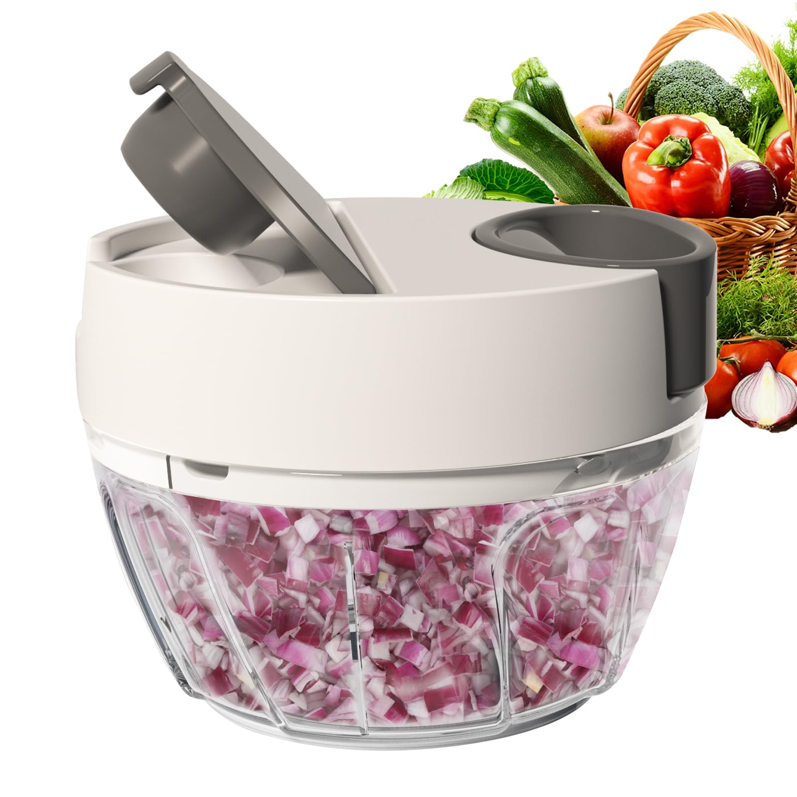 Photo 1 of Ourokhome Vegetable Chopper Manual Food Processor, Kitchen Mini Portable Hand Pull String Garlic Mincer Onion Chpper Cutter with Feeding Inlet for Salsa, Pesto, Guacamole, Puree etc. 400 ml, White