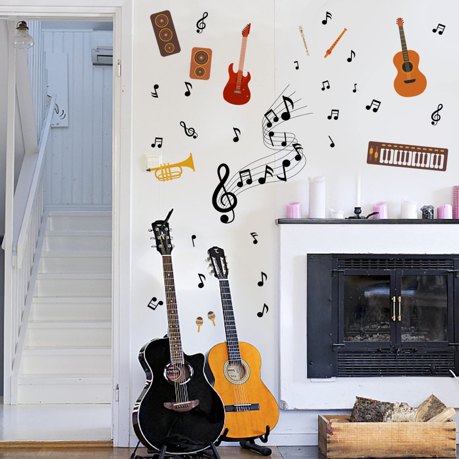 PLIGREAT Musical Instruments Wall Decals, Musical Notation Wall Stickers, Peel and Stick Wall Decals Removeable Stickers for Music Room Basement Bands Teens Bedroom Wall Decorations