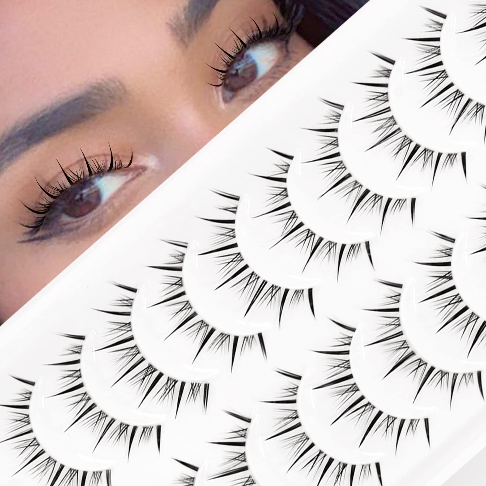 EMEDA Manga Lashes 10 Pair Natural Anime Lashes Transparent Band Reusable Black Polyester & Polybutylene Terephthalate Fibre False Eyelashes (Manga03, Pack of 1) — image 1