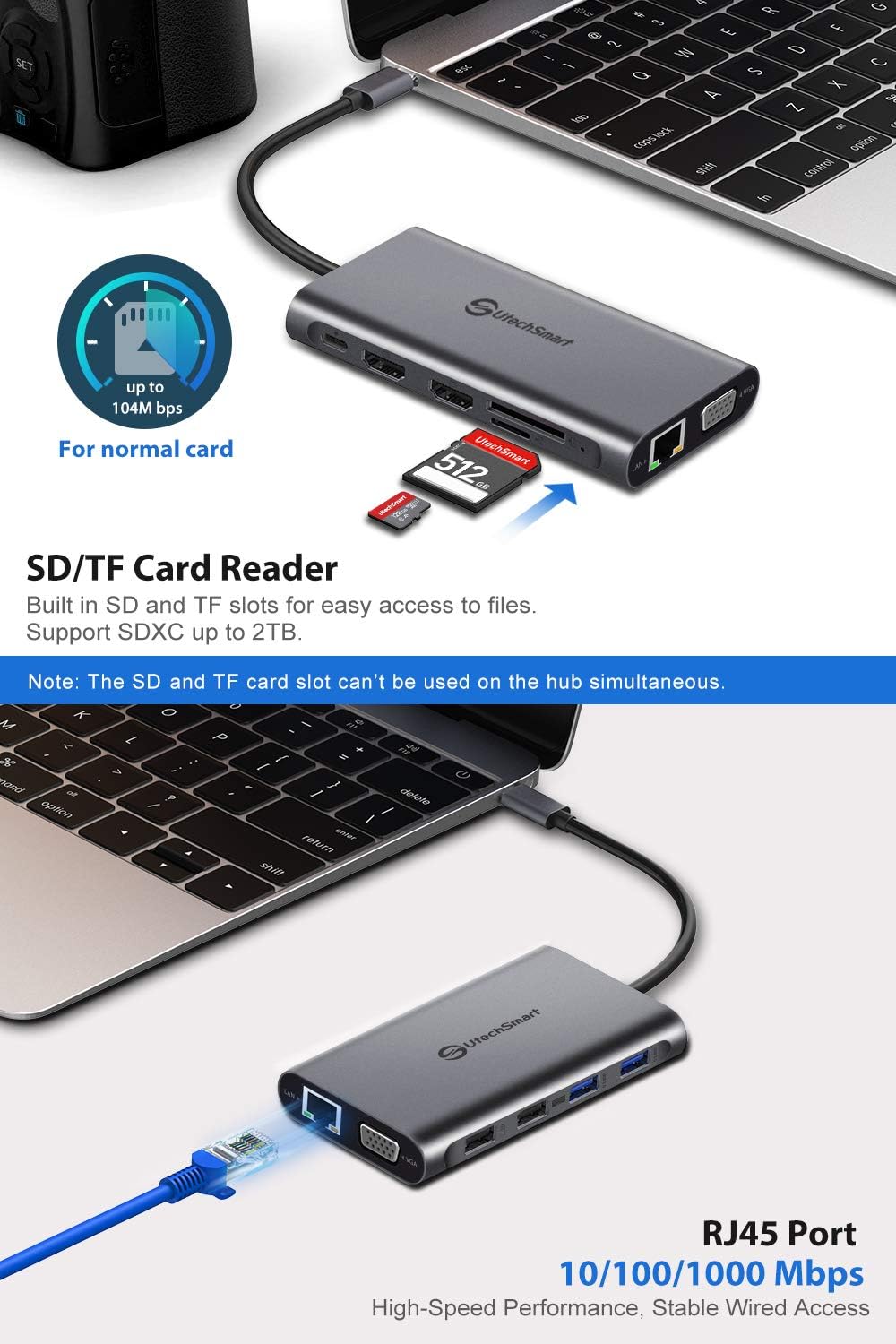 USB C Hub, UtechSmart Triple Display USB Type C Adapter Docking Station with 2 HDMI, VGA, Power Delivery Type C Port,SD TF Card Reader, 4 USB Ports USB-C Dock Compatible for MacBook, Other USBC Laptop: Computers & Accessories