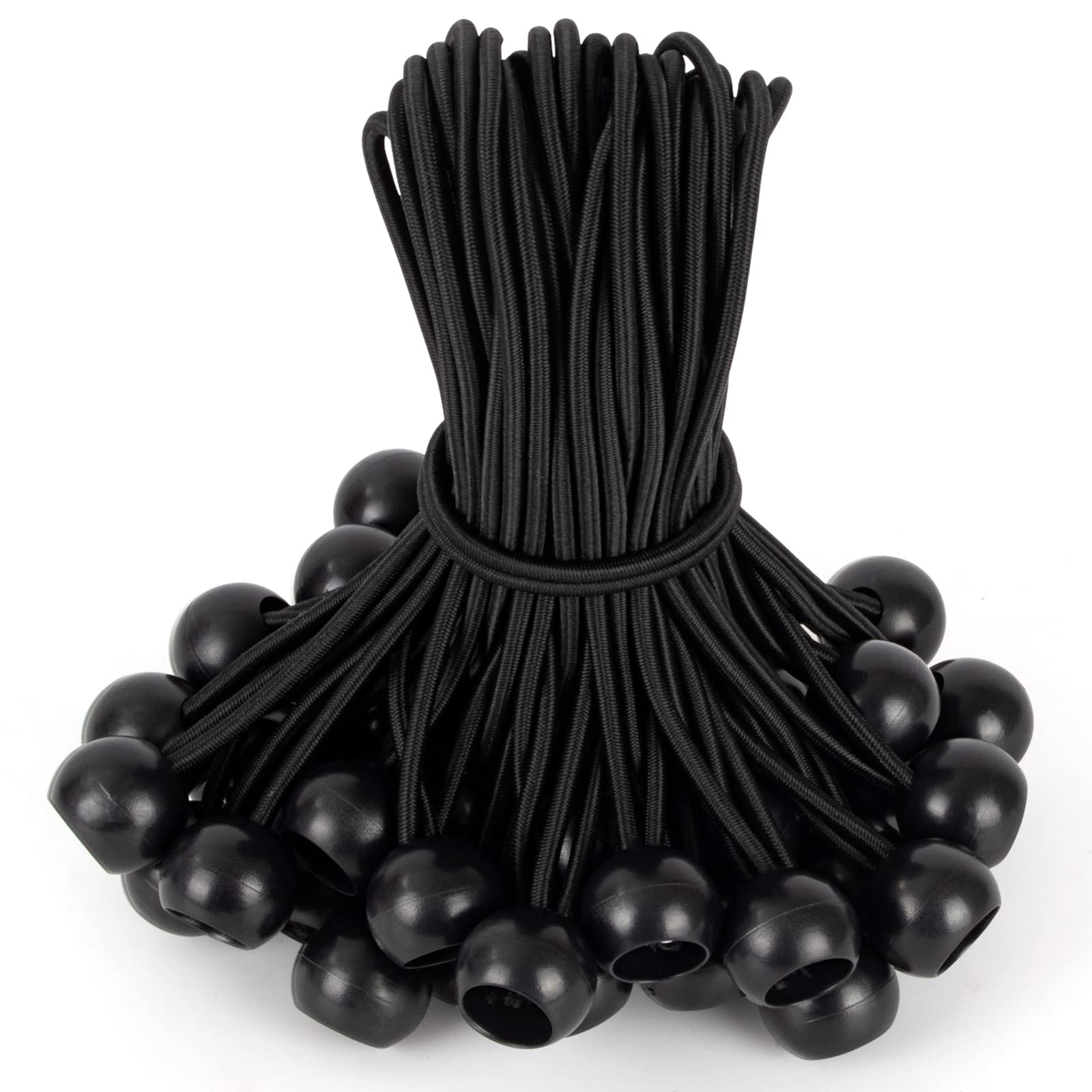 Akicderu Bungees with Ball, Rubber Tensioners with Ball, Tarpaulin Tensioners with Ball, Tent Rubbers, Expander Loops, Rubber Loops for Tarpaulins, Banners, Net, Gazebos, Black 12 cm, 50