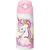 Ntswasd Girls Insulated Water Bottle with Covered Pop-Up Straw,16 oz Kids Cups with Stainless Steel Leak Proof for School Pink（Unicorn）