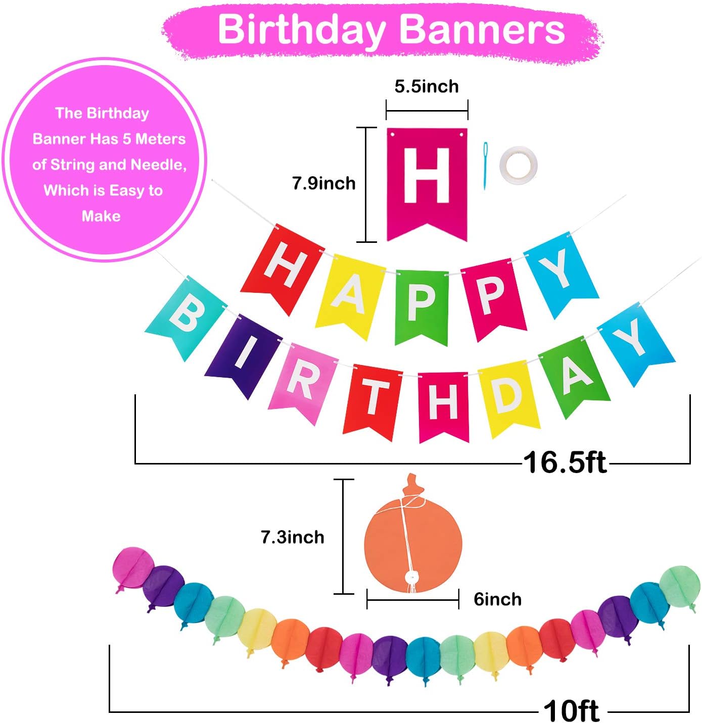 Whaline 28Pcs Colorful Birthday Decorations, Fiesta Hanging Paper Fans,Hanging Swirl,Polka Dot String,Pom Poms Flowers,Happy Birthday Banner,Paper Garland for Birthday Wedding Decor Mexican Party: Toys & Games