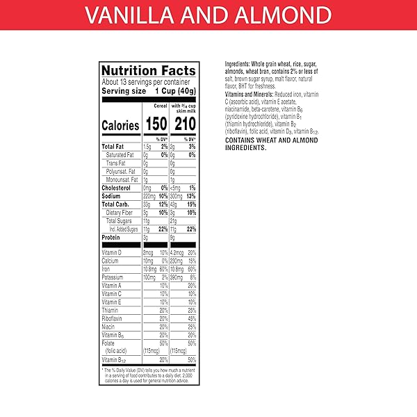 SPECIAL K BREAKFAST CEREAL, 11 VITAMINS AND MINERALS, MADE WITH REAL ALMONDS, FAMILY SIZE, VANILLA AND ALMOND, 18.8OZ BOX (1 BOX)