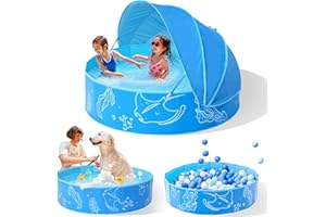 Hikiddy Foldable Kiddie Pool with Canopy: 47in Baby Pool and Beach Tent for Toddlers Infants 6-12 Months and Kids 2-4 Years Old - Portable Water Play with Shade for Outdoor Backyard Beach (Blue-Blue)