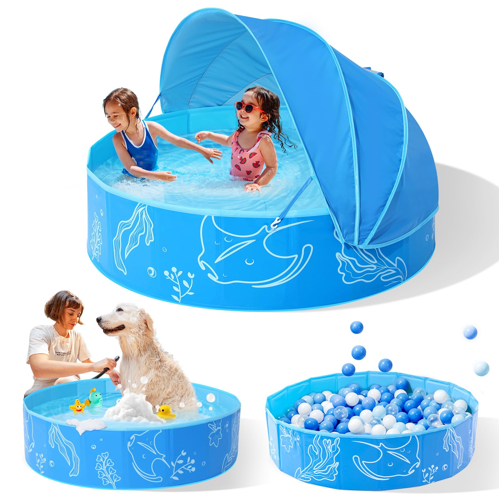 Photo 1 of Hikiddy Foldable Kiddie Pool with Canopy: 47in Baby Pool and Beach Tent for Toddlers Infants 6-12 Months and Kids 2-4 Years Old - Portable Water Play with Shade for Outdoor Backyard Beach (Blue-Blue)