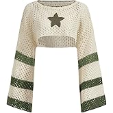 WDIRARA Women's Star Striped Print Long Sleeve Crop Sweater Round Neck Hollow Out Pullovers Knitwear