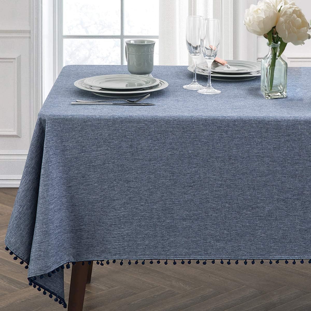 JUCFHY Pompom Tassel Rectangle Table Cloth,Linen Farmhouse Tablecloth Heavy Duty Fabric,Stain-proof Water Resistant Washable Table Cloths,Oblong Table Cover for Kitchen,Holiday(60x104 Inch,Navy Blue)