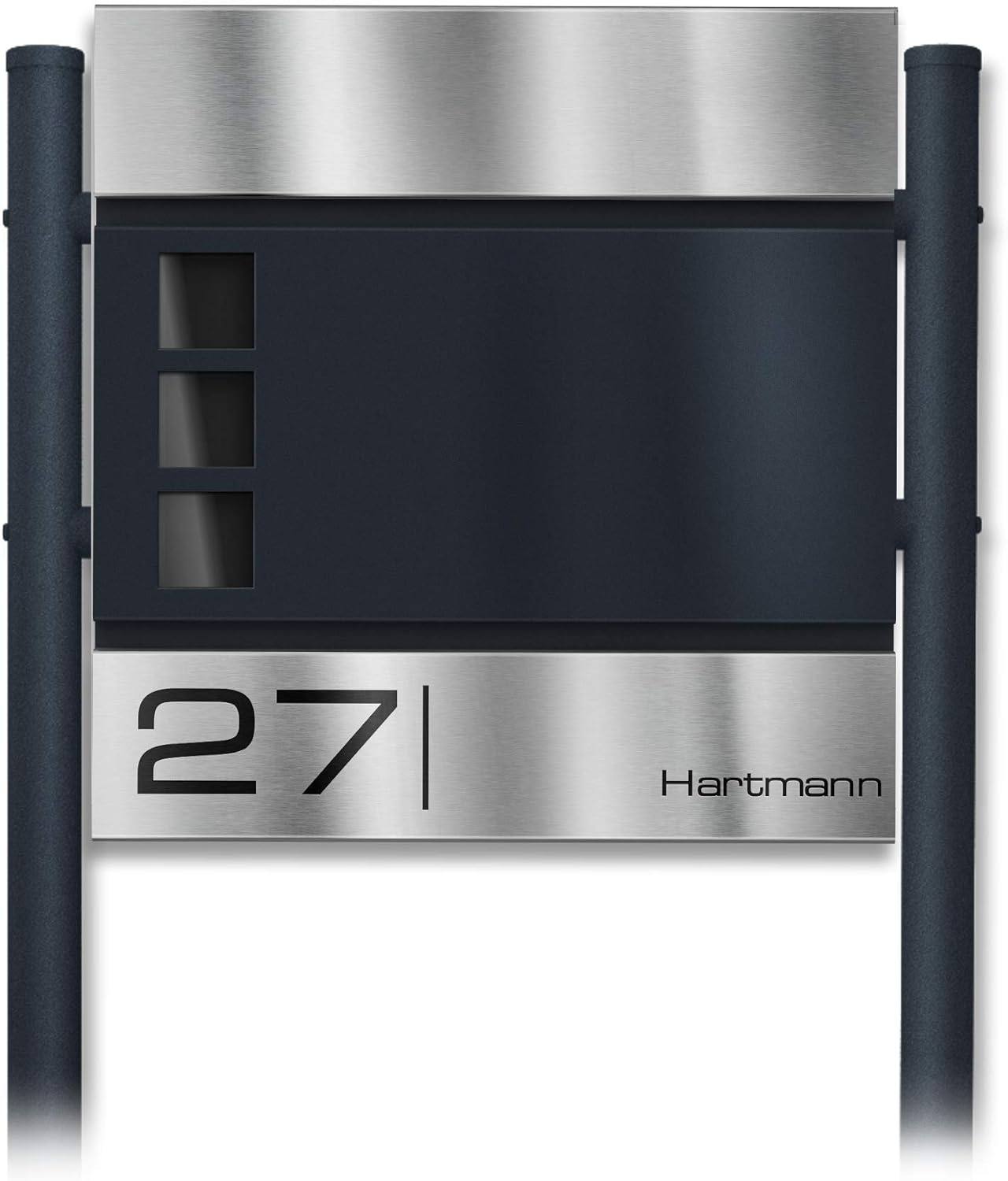 Metzler Standbriefkasten mit Edelstahl-Namensschild Cube - Design Briefkasten inkl. Zeitungsfach & Gravur - Briefkasten mit Fenster - Postkasten, Größe: 37 x 37 x 10,5 cm - Höhe 120 cm