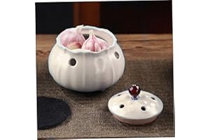 Ceramic Garlic Keeper Garlic Holder with Lid Vented Storage Container for Counter, 3.9x3.9x3.7 Inch, Holder, Keeper