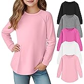 LessonZoo 5 Pack Girls' Long Sleeve Shirts Curve Hem Crewneck Tops Raglan Loose Fit Casual Kids Basic Tees Fall