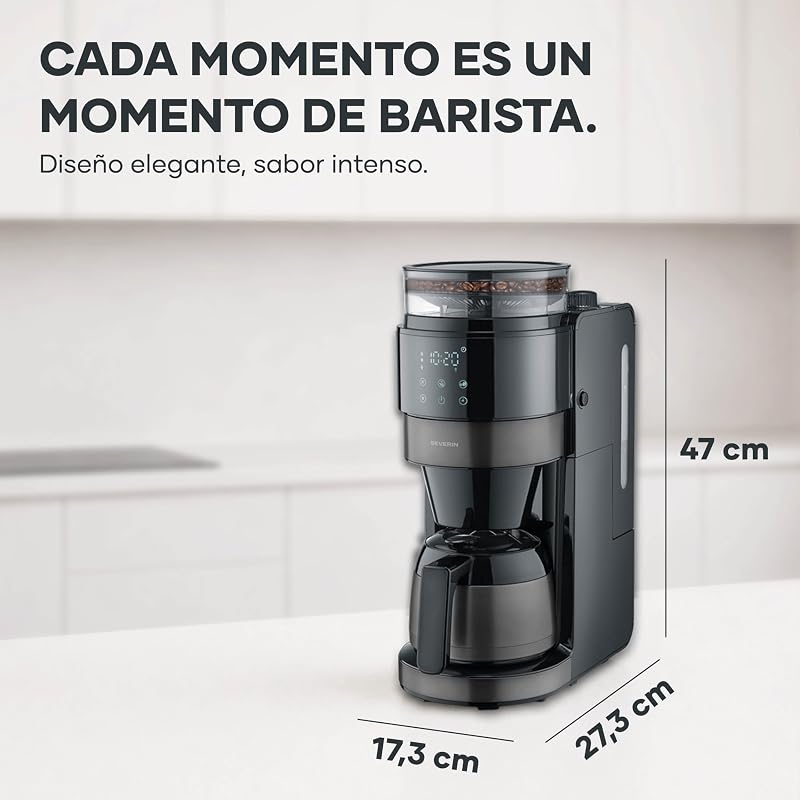 de goteo con jarra térmica y molinillo, 1L de capacidad, hasta 8 tazas, sistema antigoteo, aroma intenso, apagado automática, pantalla LED, 900W, inox oscuro, negro, KA 4831 — foto 2 de 8