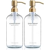 Vine Creations Clear Glass Soap Dispenser Set, Dish Soap and Hand Soap Dispenser Set with Stainless Steel Pump, 16 oz Glass Dispensers for Kitchen Bathroom Decor (Clear Bottle/Brushed Brass Pump)