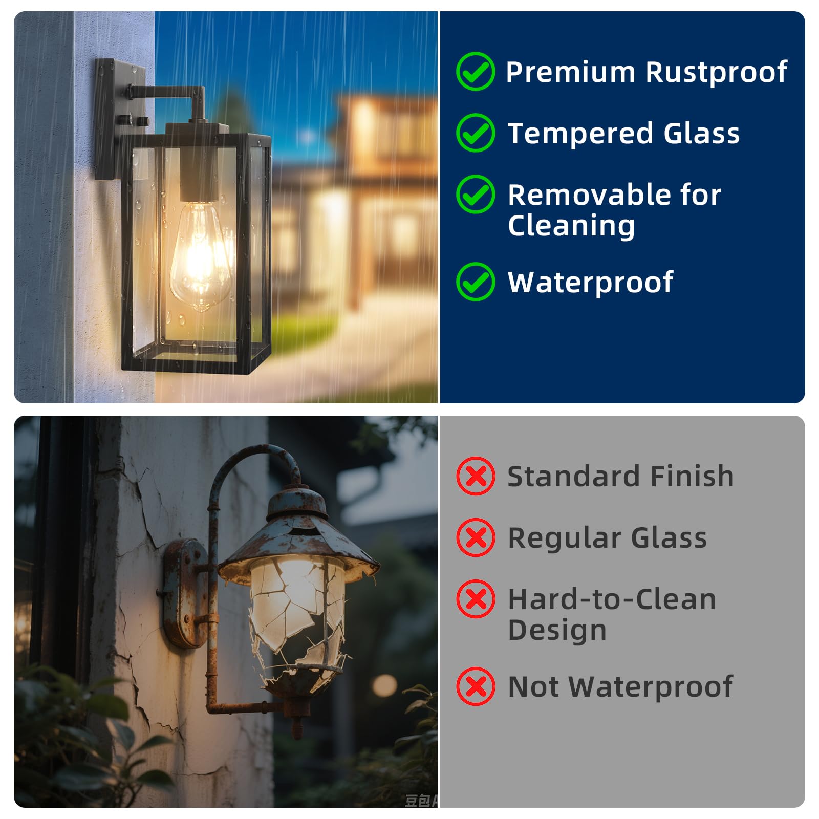 imizdlum 2-Pack Outdoor Wall Light Fixture with Tempered Glass, Exterior Wall Lantern with Easy-to-Clean Design, Waterproof Anti-Rust Wall Sconce for Front Porch, Black, E26 Base