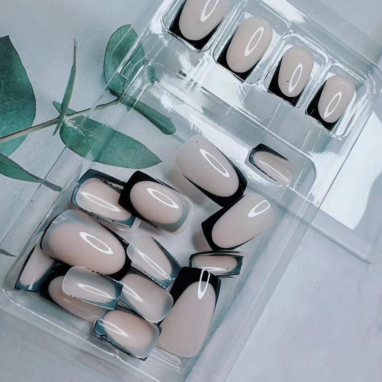 Black French Tip Press on Nails Medium Square, Black Stick on False Nail Tips with Exquisite Design Acrylic Glue on Nails Reusable Artificial Nails for Women DIY Manicure Art Decoration 24Pcs - Image 4